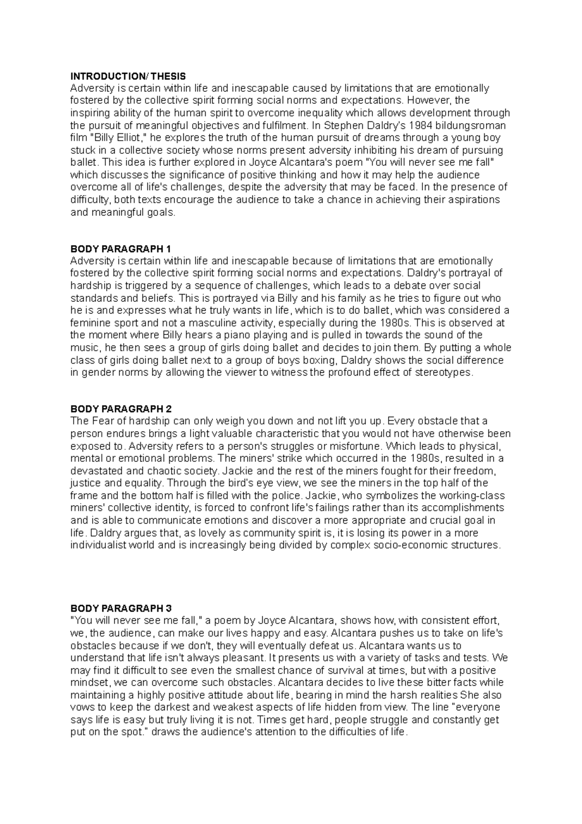 Billy Elliot Essay- Struggle WITH Adversity - INTRODUCTION/ THESIS ...