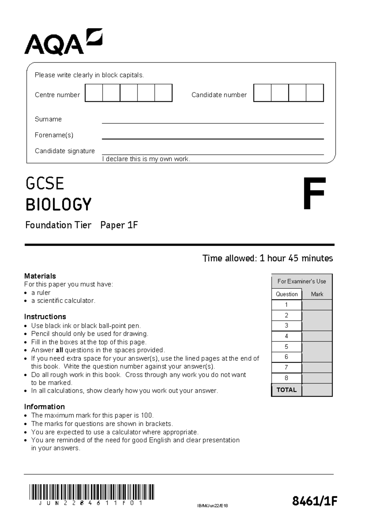 GCSE BIOLOGY 1F Sample Paper & Mark Scheme 2022 - Studocu