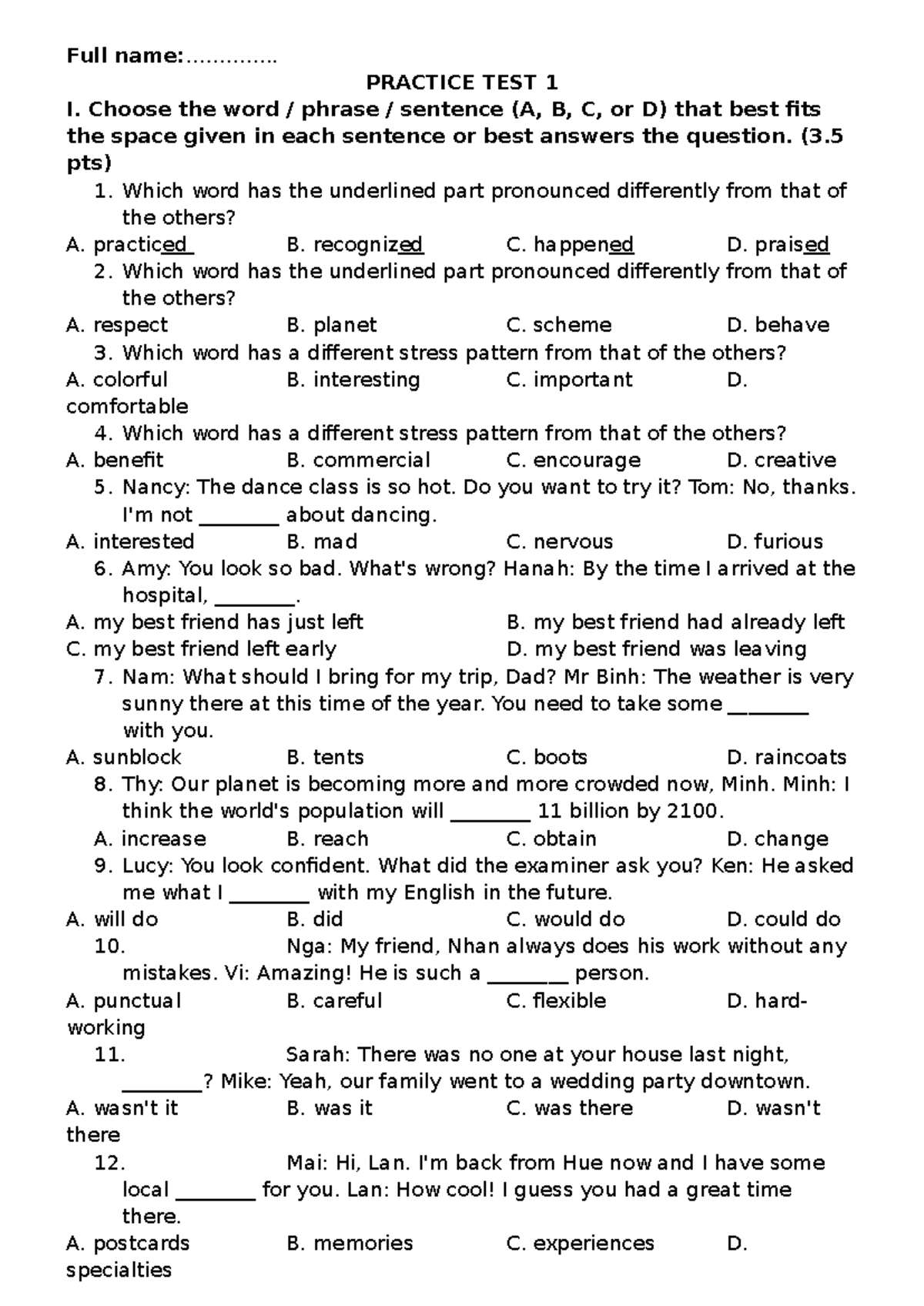 Practice Test 1 & 2 for Course Code: Tuyển Sinh Ý Lan - Studocu