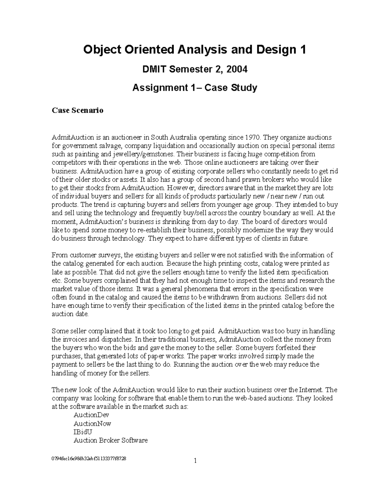 Admit Auction - Object Oriented Analysis and Design 1 DMIT Semester 2 ...