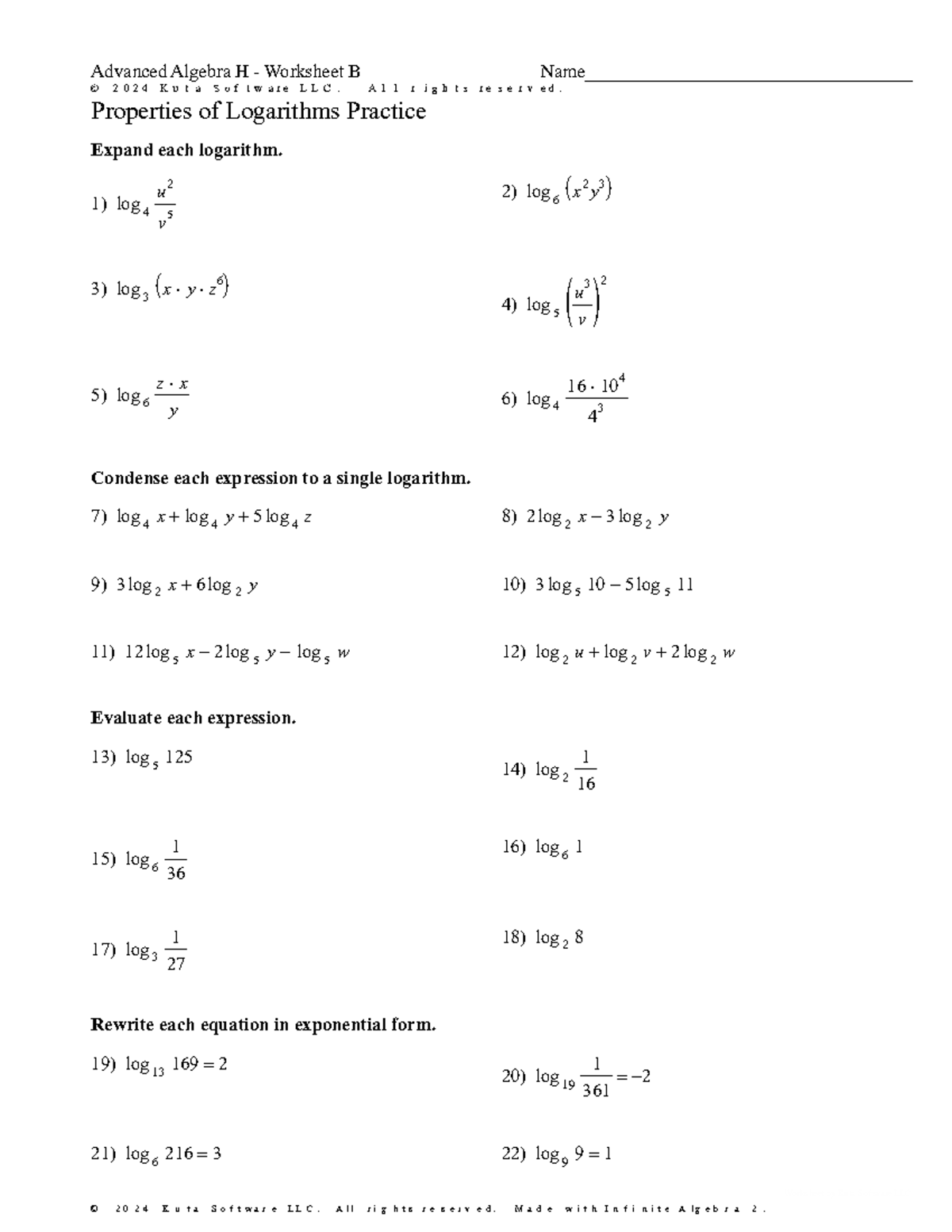 AAHU7 Worksheet B: Properties of Logarithms Practice - Studocu