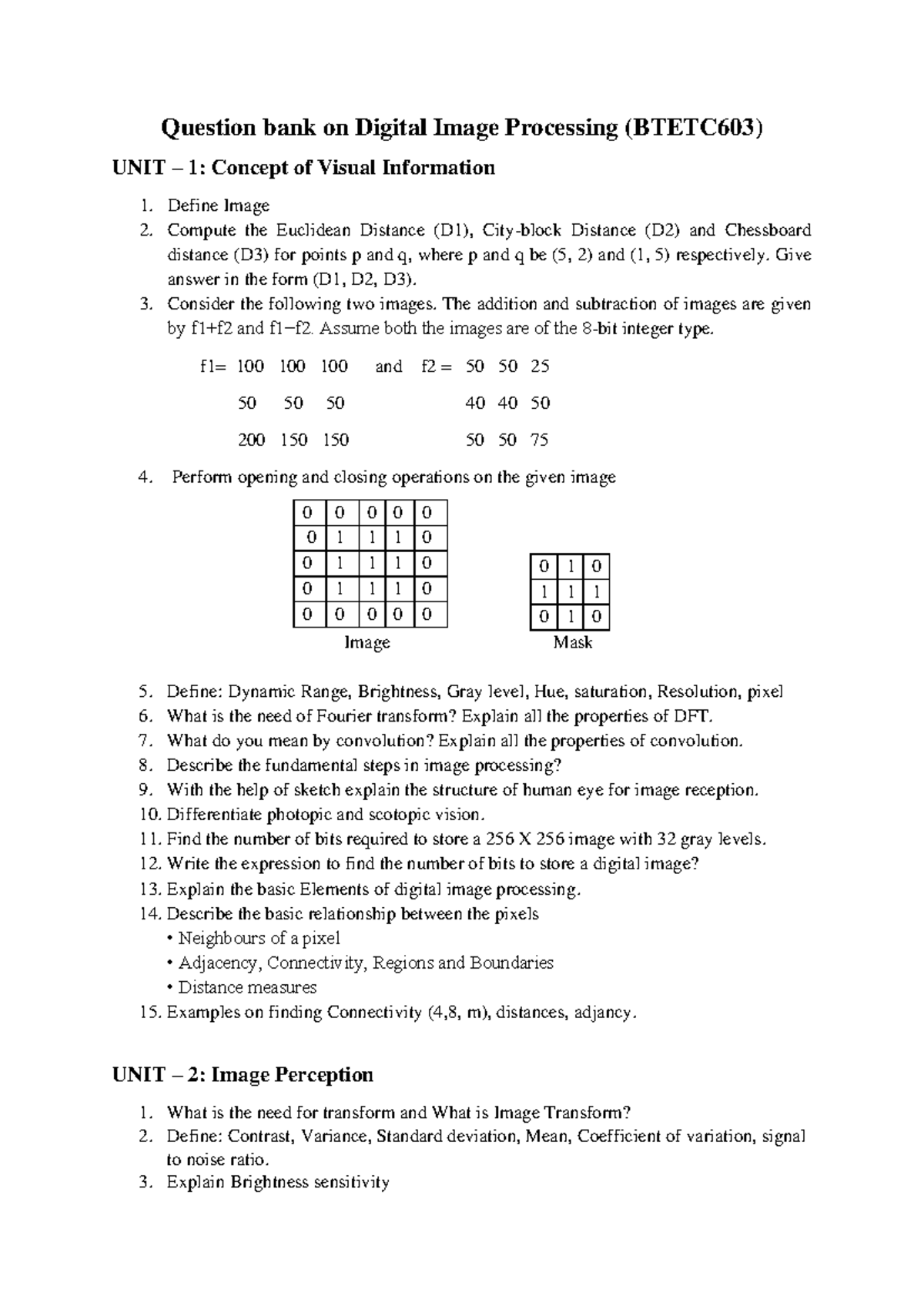 Question Bank for Digital Image Processing (BTETC603) Final Exam Prep ...