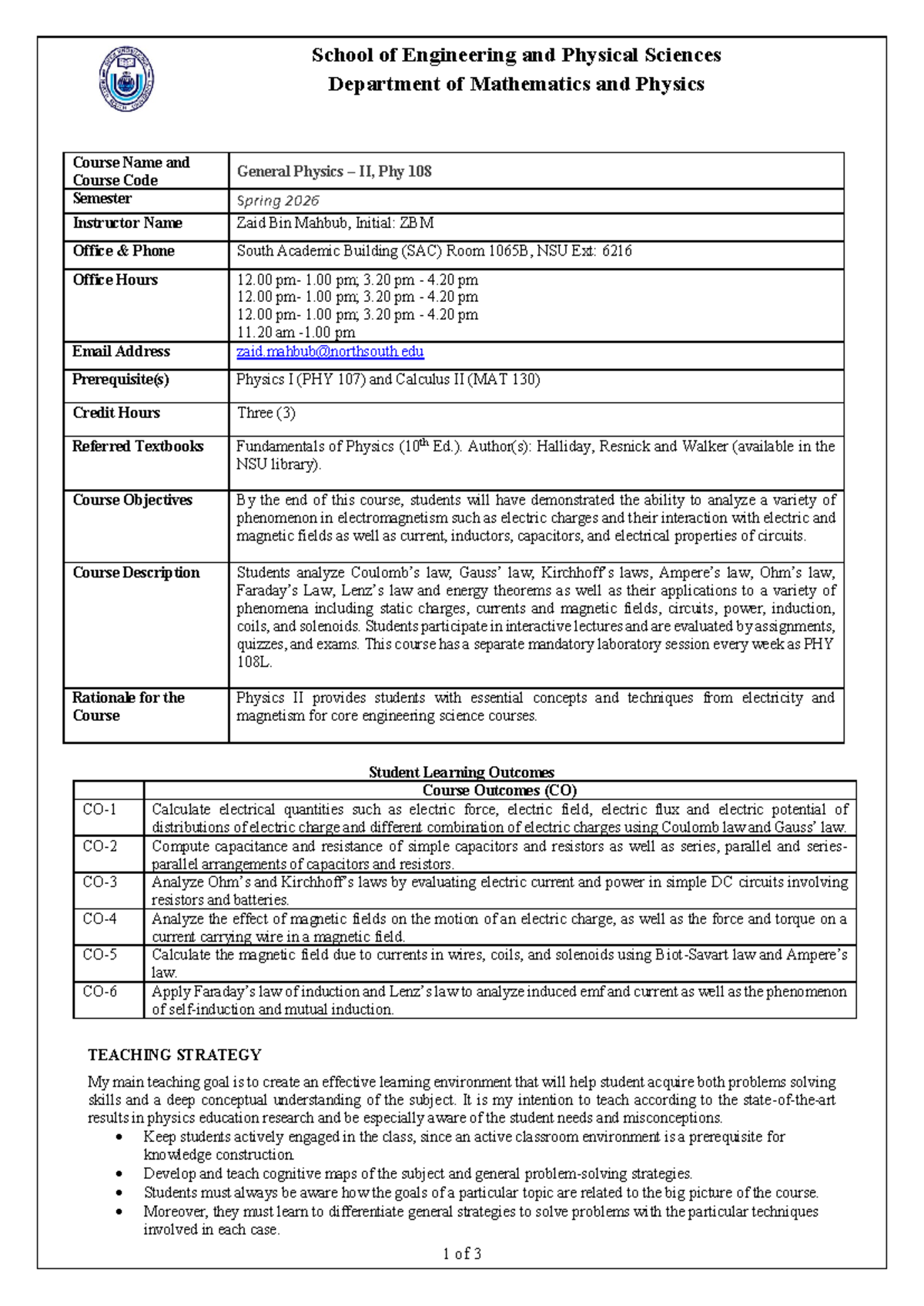 Course Outline for General Physics II (PHY 108) - Spring 2026 - Studocu
