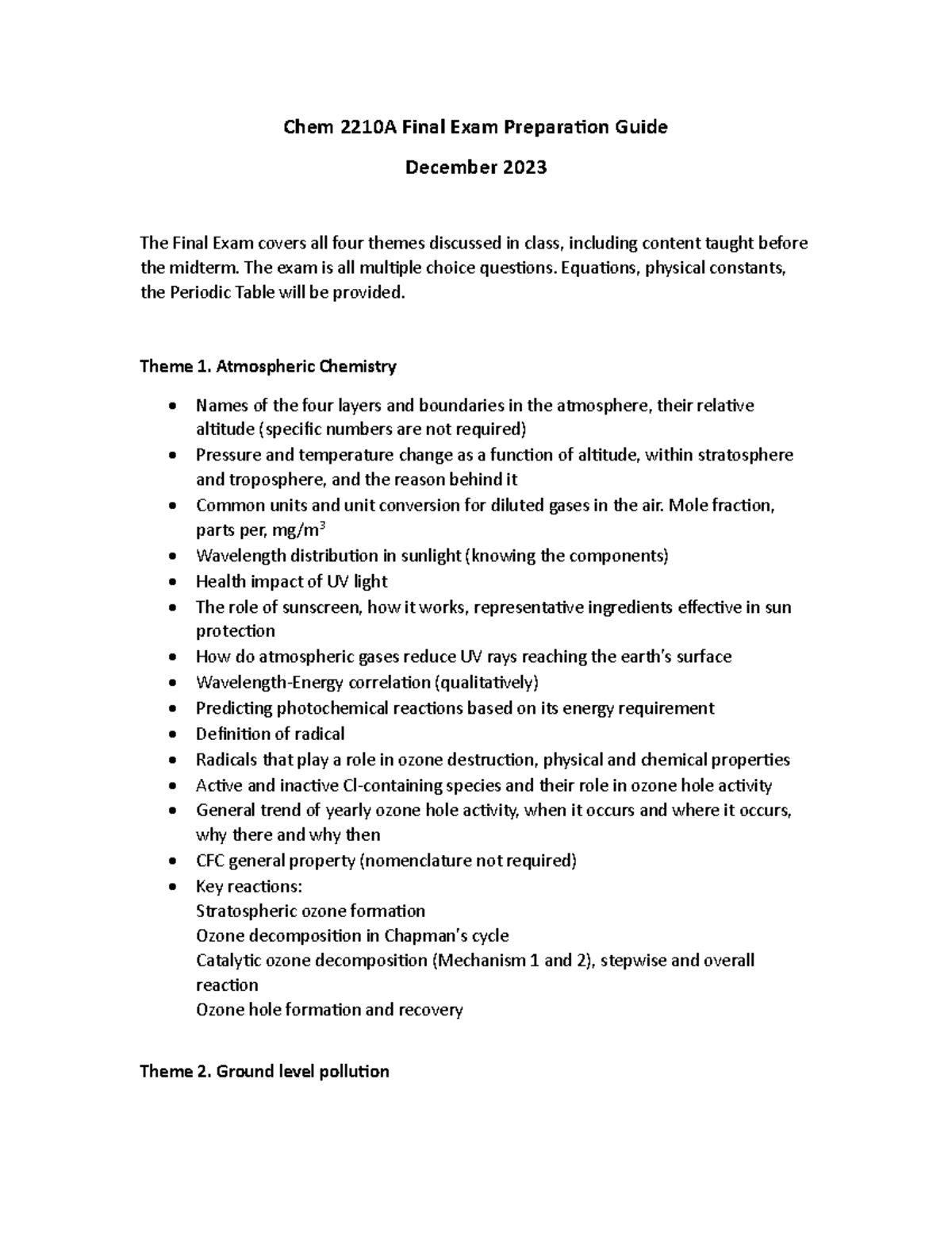 Chem 2210A Final Exam Study Guide: Key Topics and Themes - Studocu