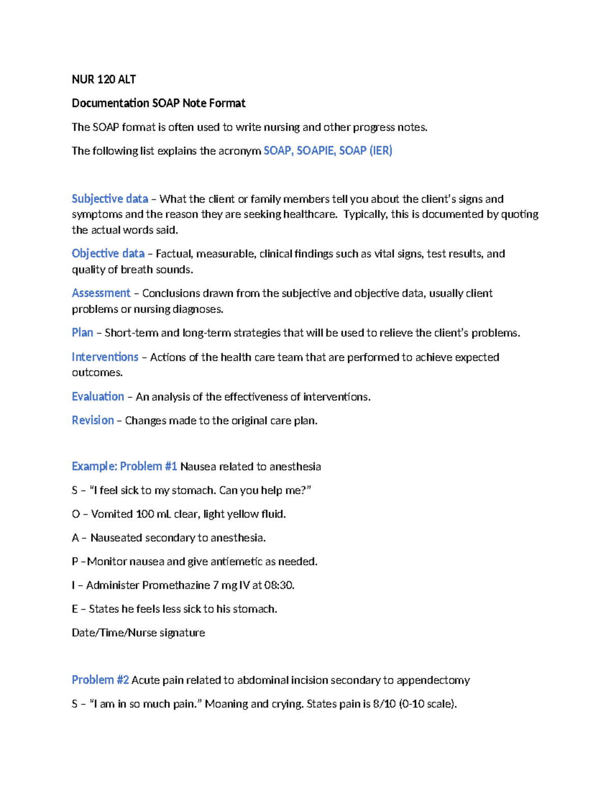 NUR 120 ALT: SOAP Note Documentation Format and Examples - Studocu