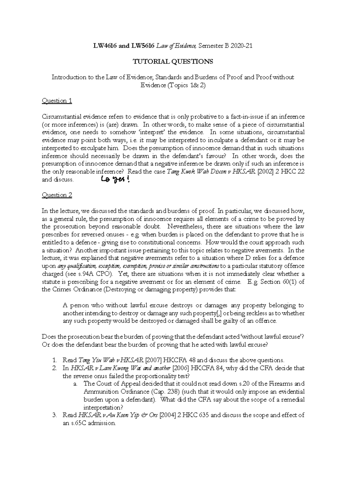 LW4616 & LW5616 Evidence Law Tutorial Questions Week 1-2 Insights - Studocu
