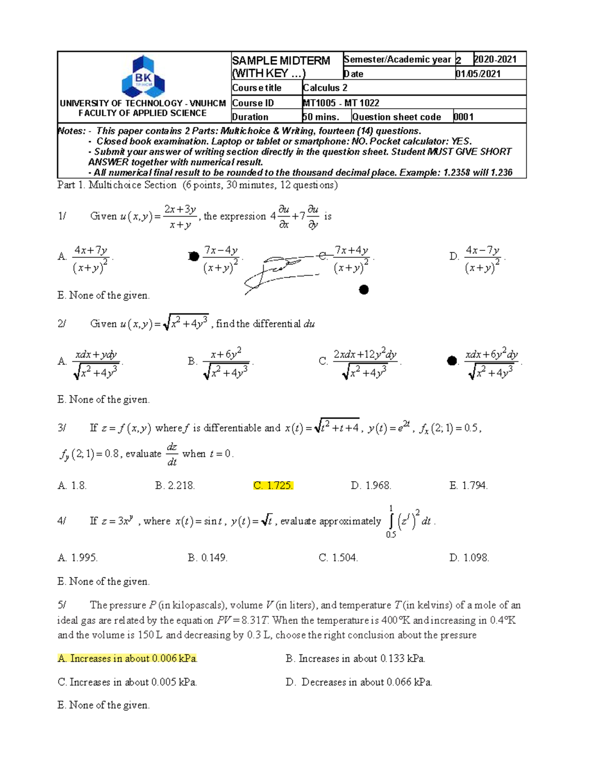 99 In 10H Cal2 202 Midterm Sample BKEL 2 - Part 1. Multichoice Section ...