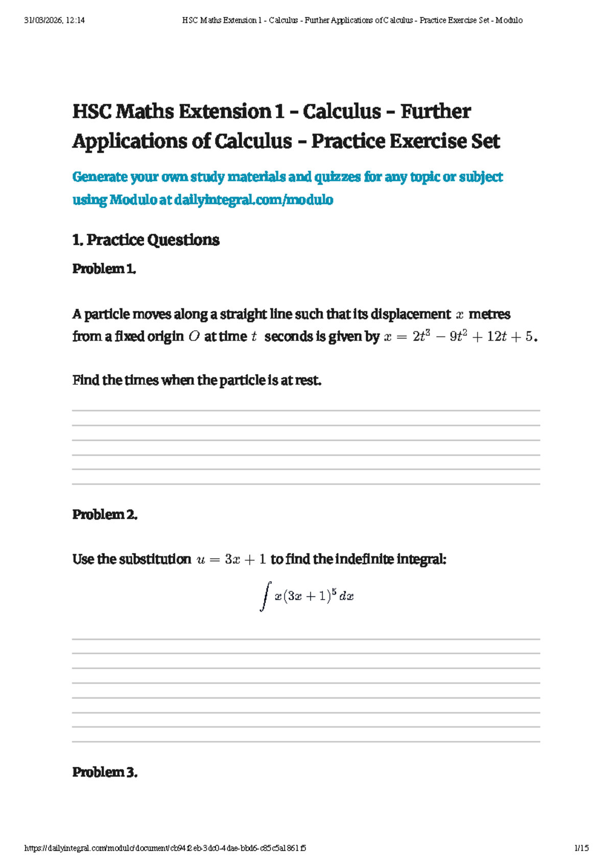 HSC Maths Extension 1 - Calculus Further Applications Practice Set ...