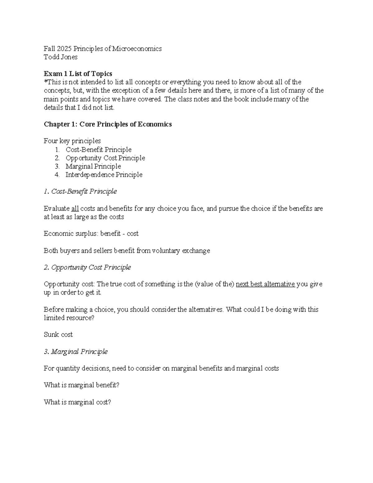 Fall 2025 Principles of Microeconomics: Key Topics for Exam 1 - Studocu