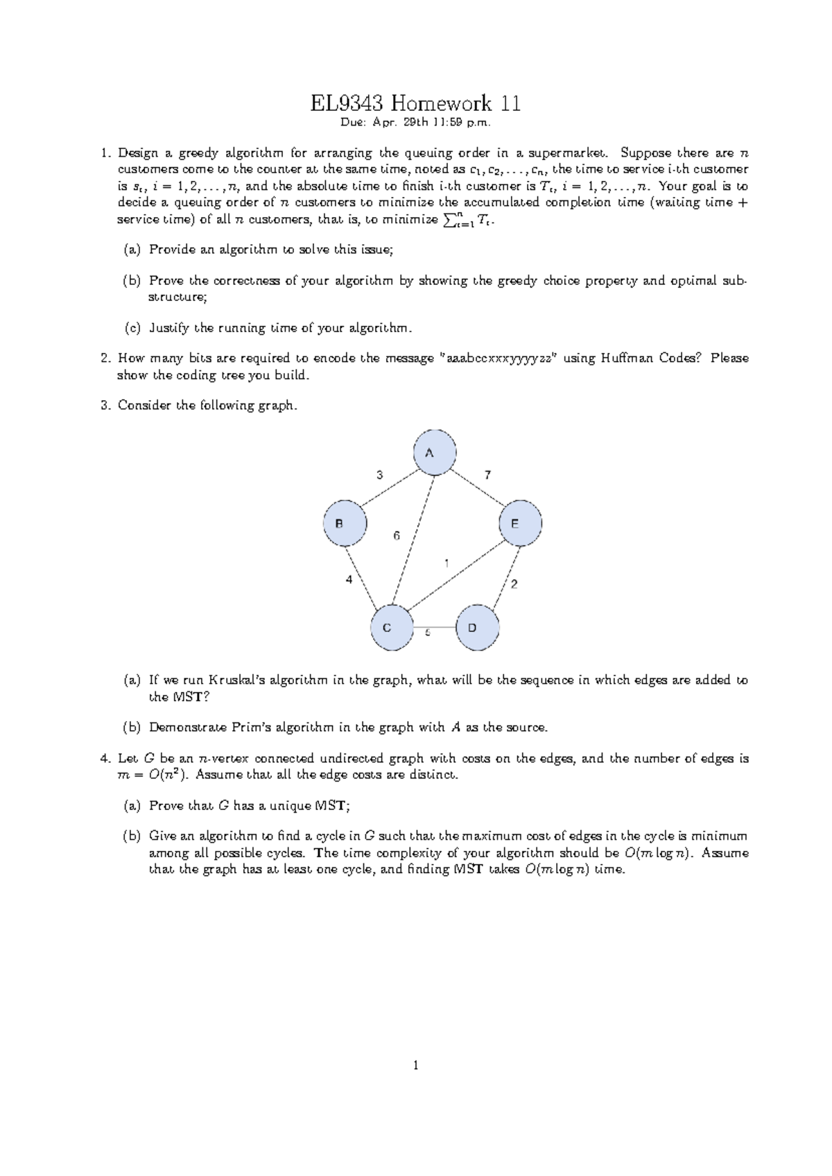 EL9343 Homework 11: Greedy Algorithms & Graph Theory Solutions - Studocu