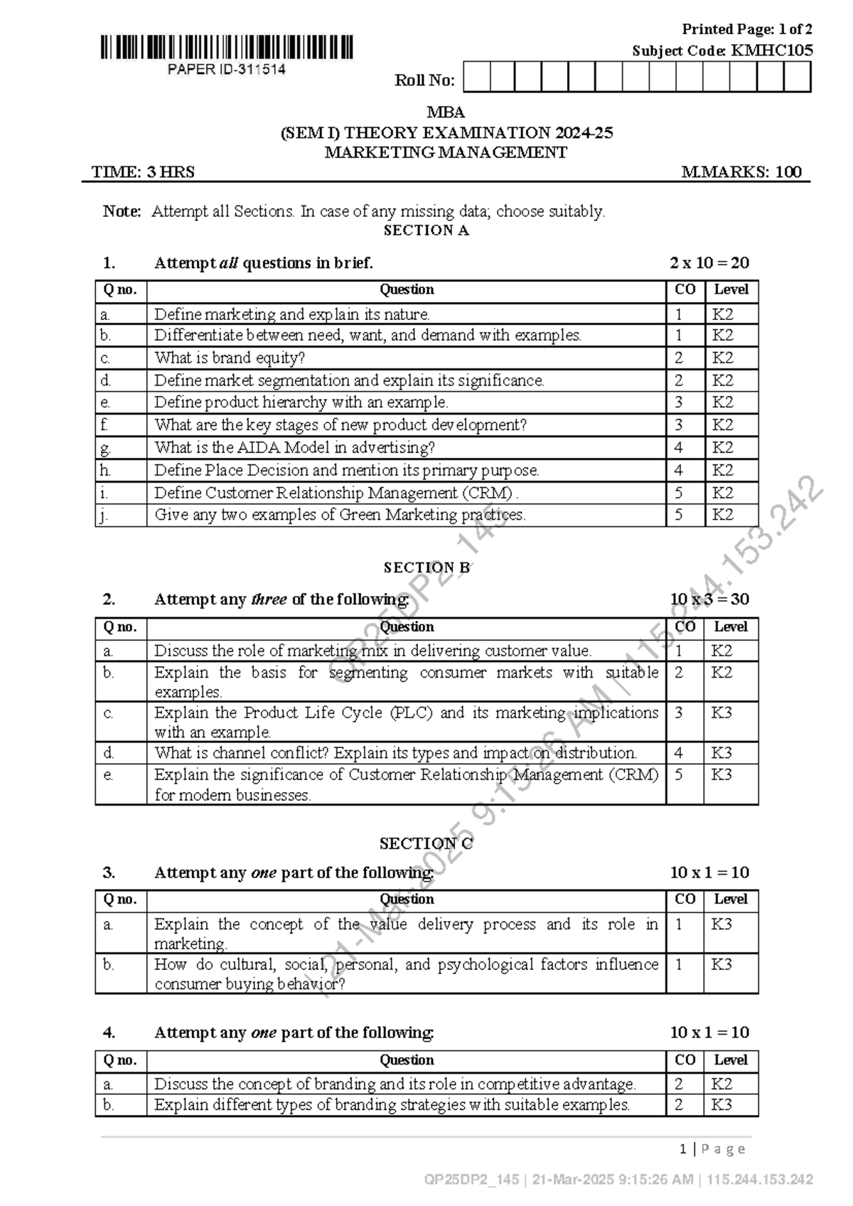MBA SEM I Marketing Management KMHC105 Exam Notes - Mar 2025 - Studocu