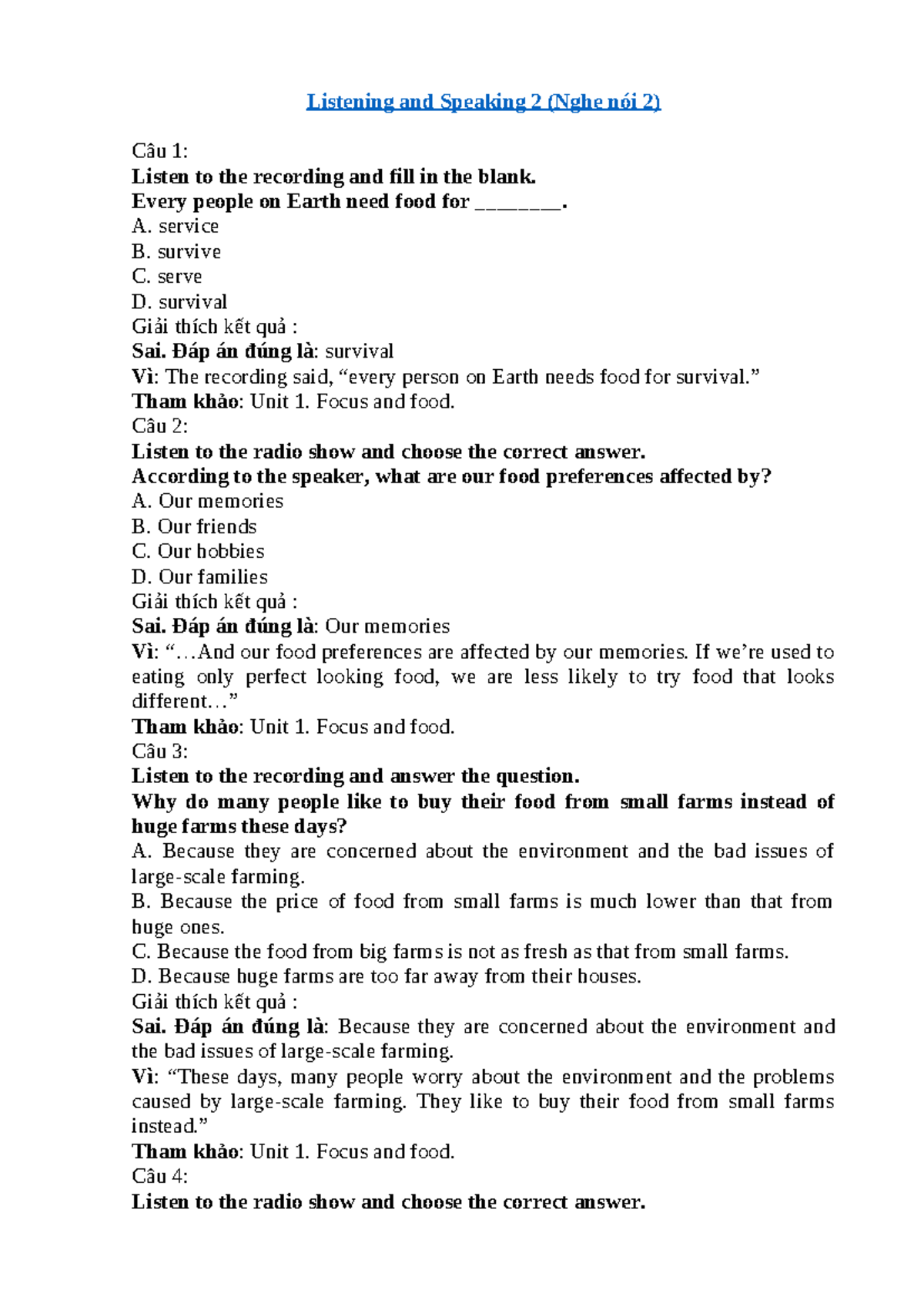 Listening and Speaking 2 (Nghe Nói 2): Unit 1 & 2 Exercises and Answers ...