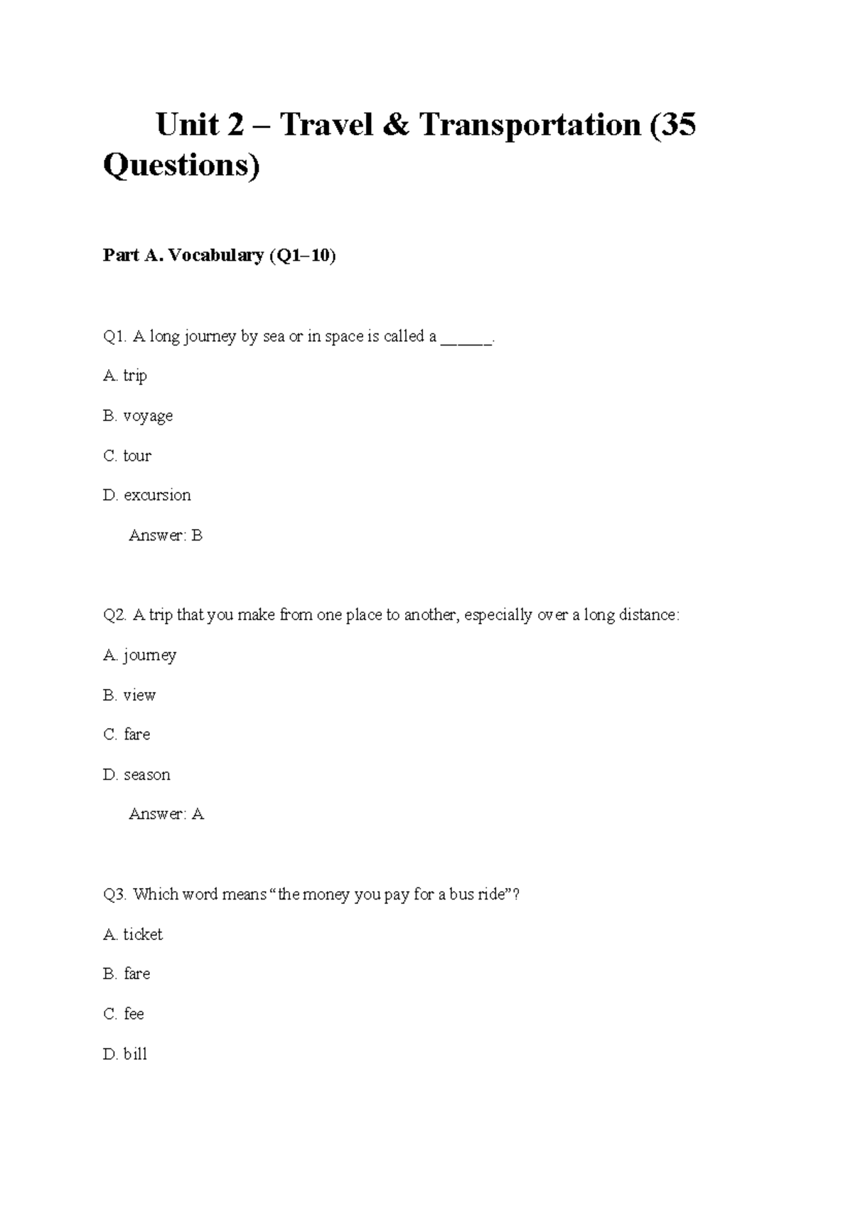 Unit 2 Travel Transportation Vocabulary & Phrasal Verbs (TA ONL T7 ...