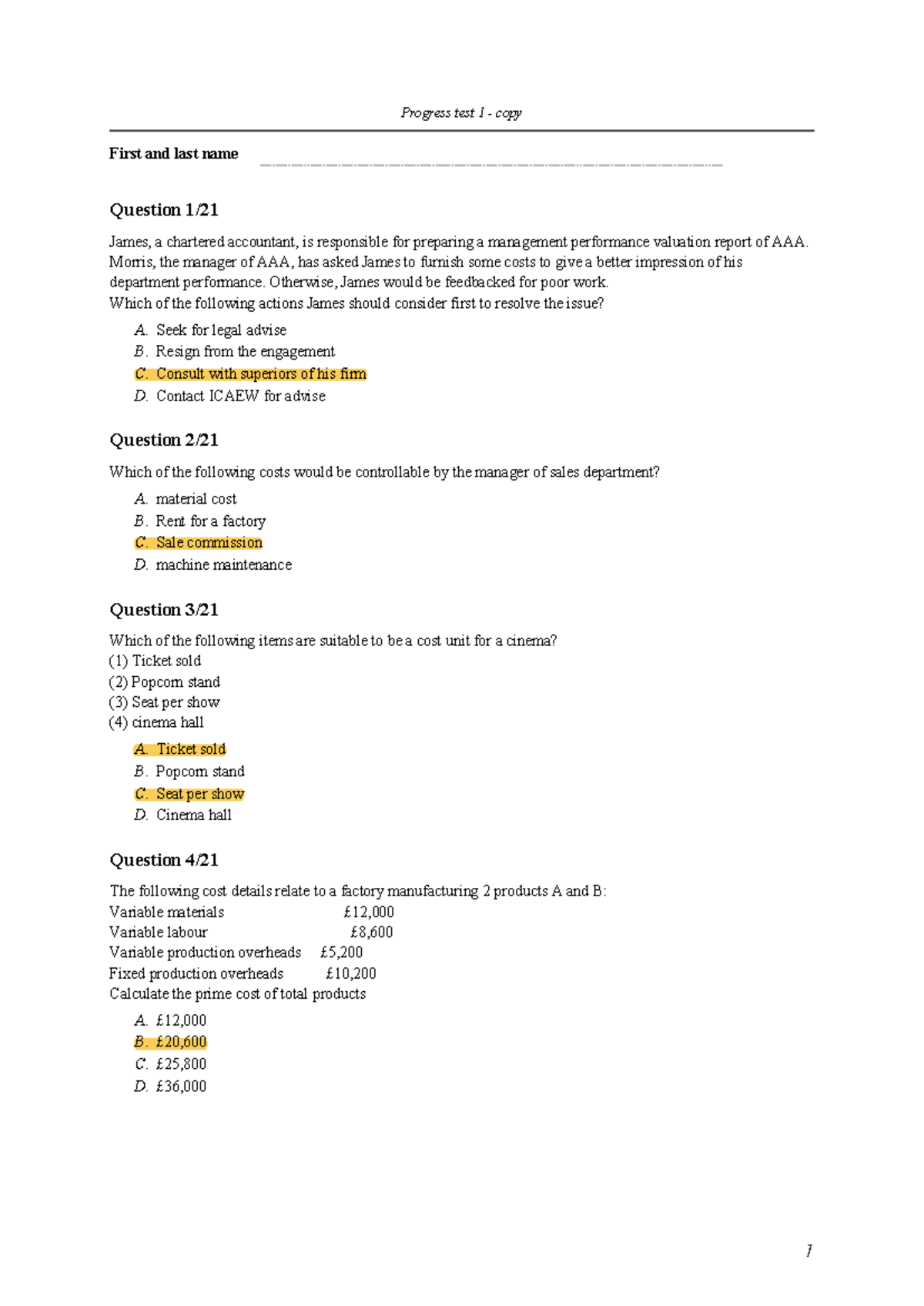 Progress Test 1 Questions for Acct 101: Cost Accounting Fundamentals ...