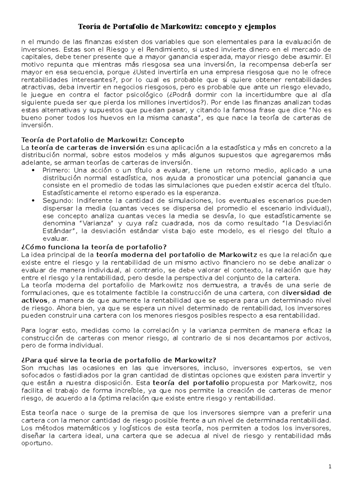 Teoría de Markowitz mas ejercicios - Teoría de Portafolio de Markowitz ...