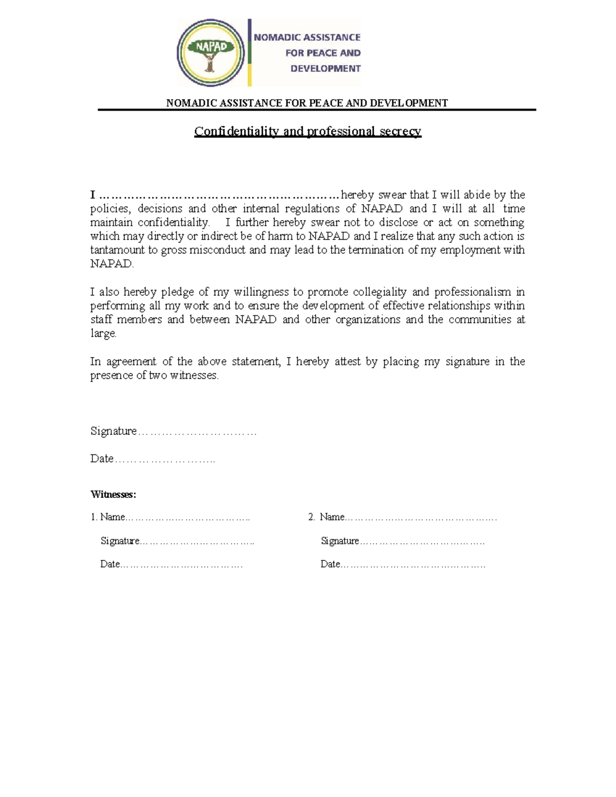 NAPAD Confidentiality Agreement and Professional Secrecy Pledge - Studocu