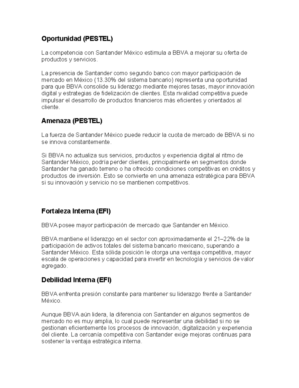 Análisis PESTEL y EFI de BBVA vs Santander México - Studocu