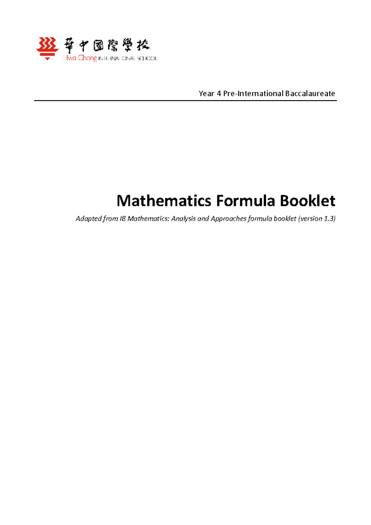 Mathematics Formula Booklet for Year 4 Pre-IB (Final) - Studocu