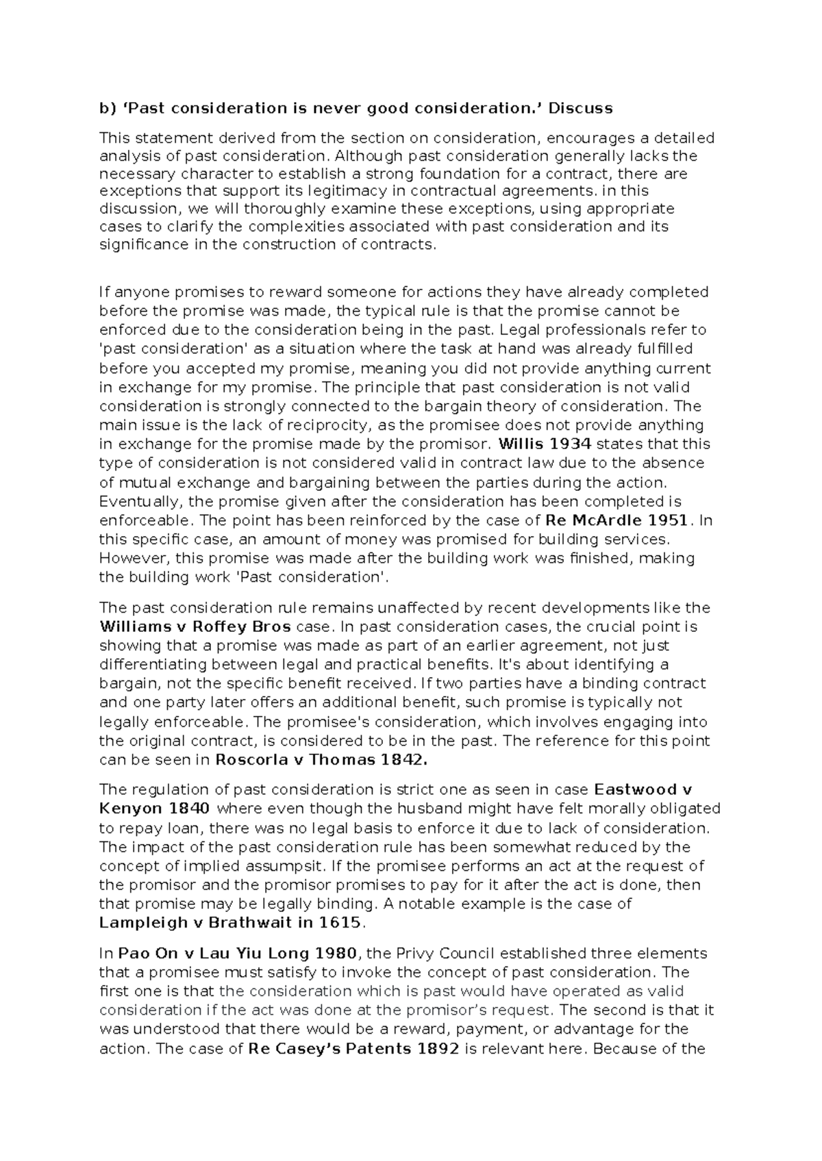 LGL 402 Past Consideration in Contract Law Essay Analysis - Studocu
