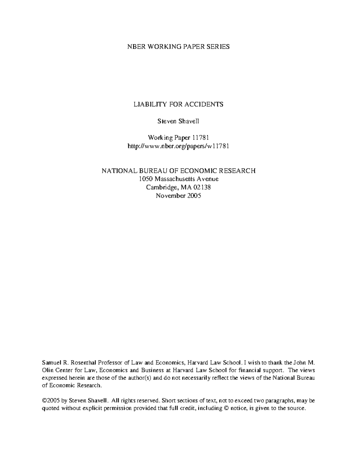 Liability for Accidents: Insights from NBER Working Paper W11781 - Studocu