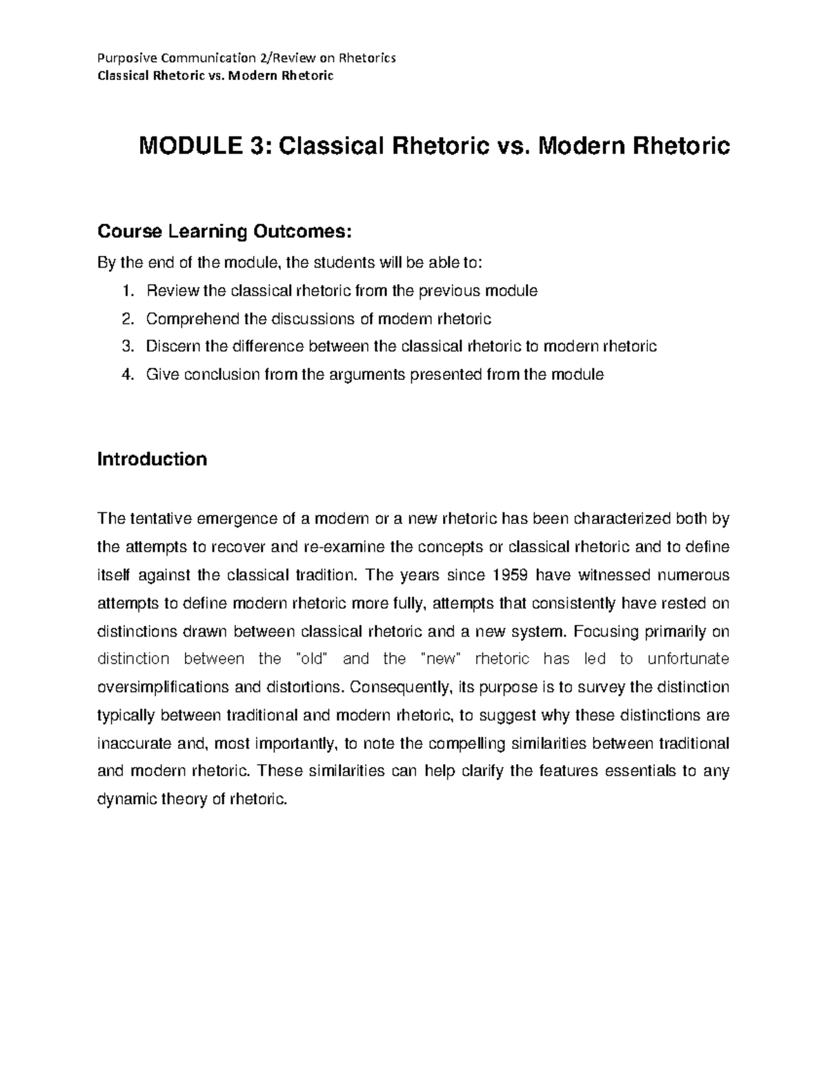 Purposive Communication: Classical vs. Modern Rhetoric (Module 3) - Studocu