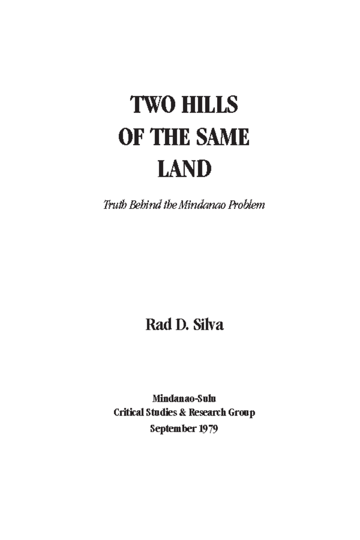 TWO HILLS OF THE SAME LAND: Understanding the Mindanao Conflict - Document Preview