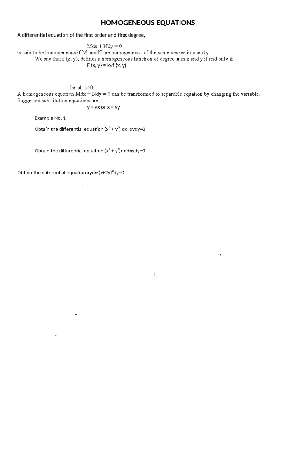 Homogeneous Equations in Differential Calculus: Mdx + Ndy = 0 - Studocu