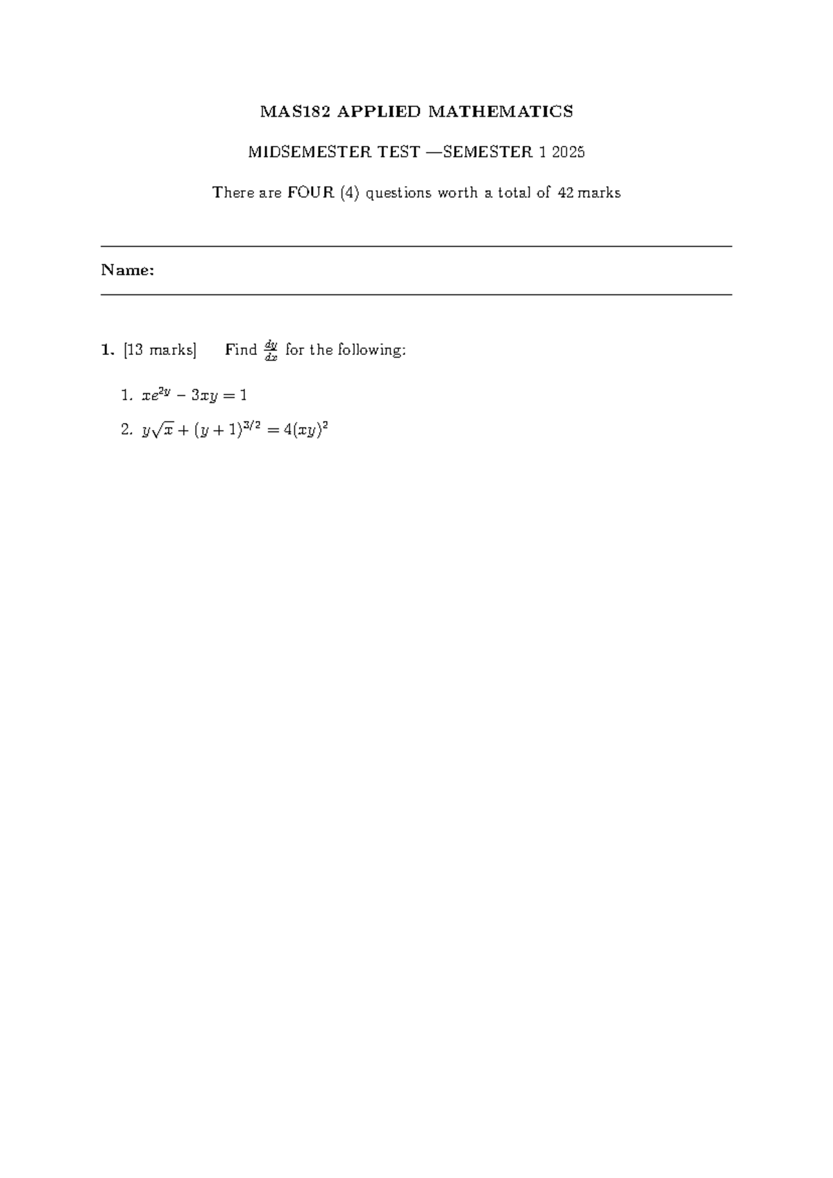 MAS182 APPLIED MATHEMATICS MIDSEMESTER TEST 1 2025 - 50 Marks - Studocu