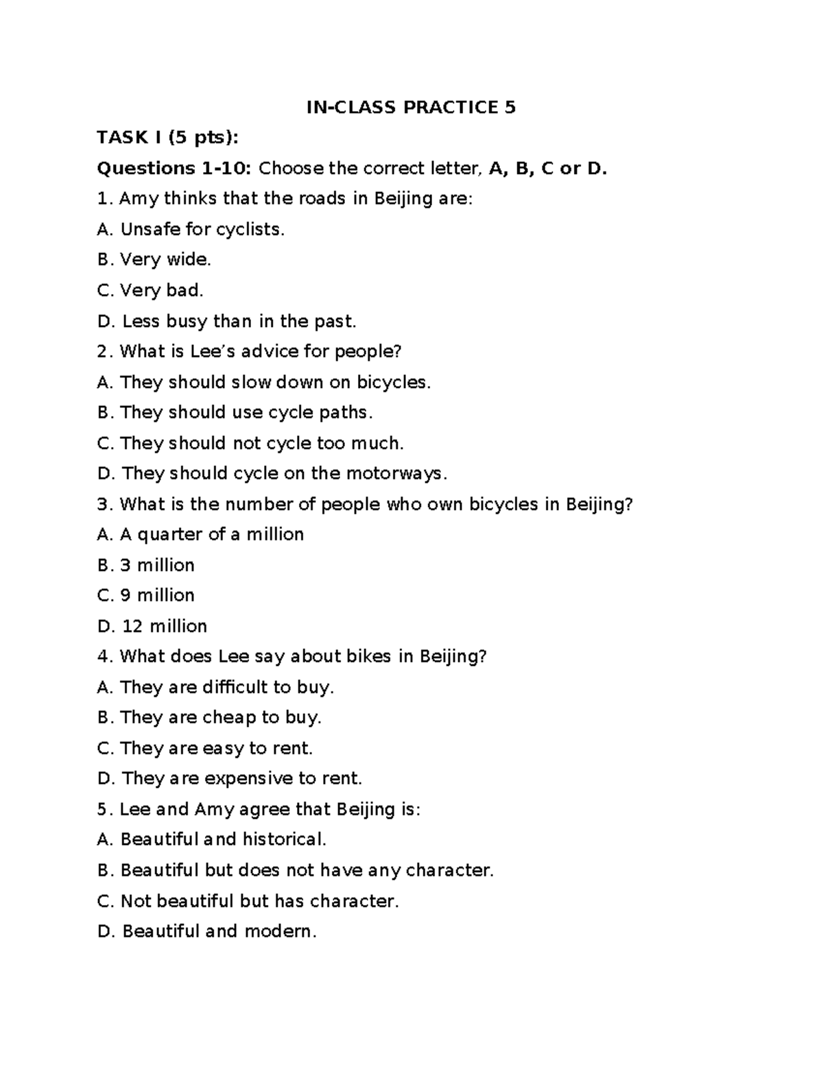 IN- Class Practice 5 - Exercises - IN-CLASS PRACTICE 5 TASK I (5 pts ...