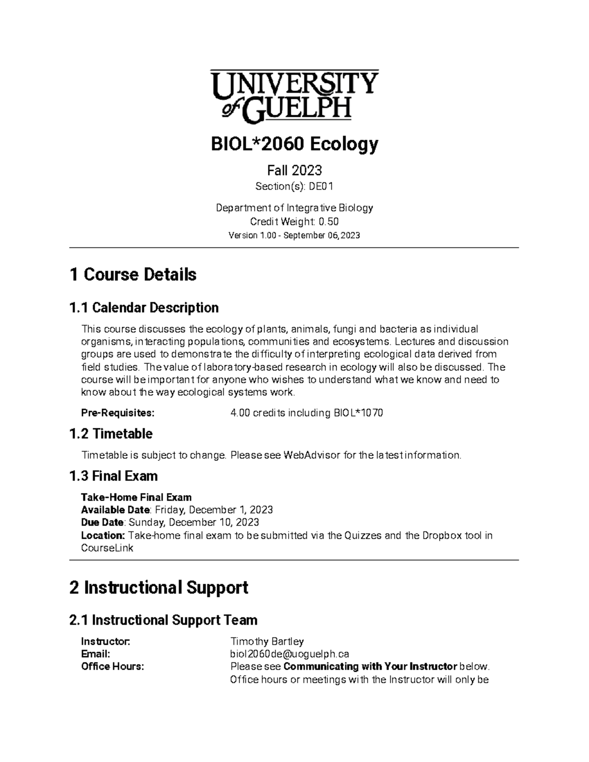 Course Outline - BIOL2060 DE - Fall 2023 Updates and Details - Document Preview