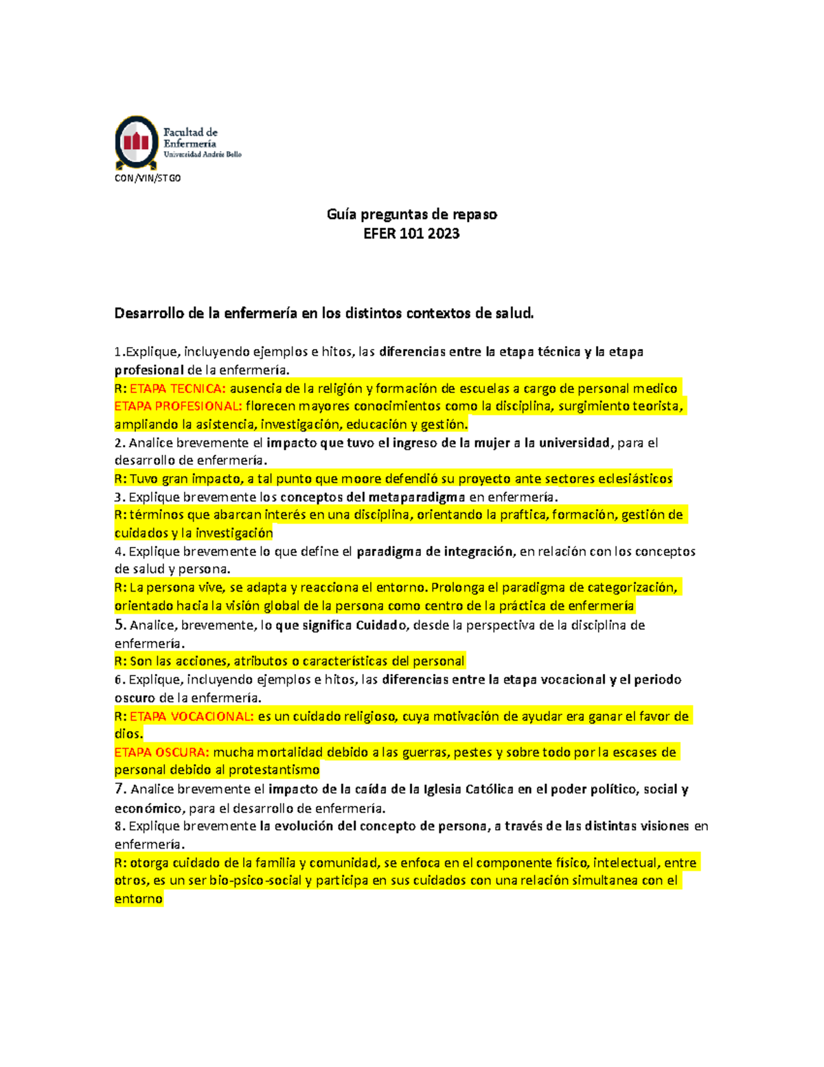 Guía de repaso para EFER 101: Desarrollo de la Enfermería 2023 - Studocu