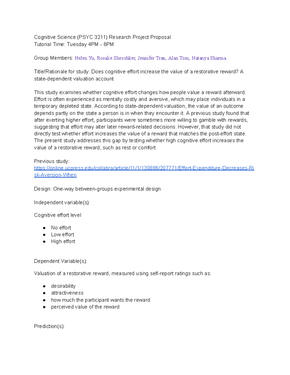 Cognitive Science (PSYC 3211) Research Project Proposal Checklist - Studocu