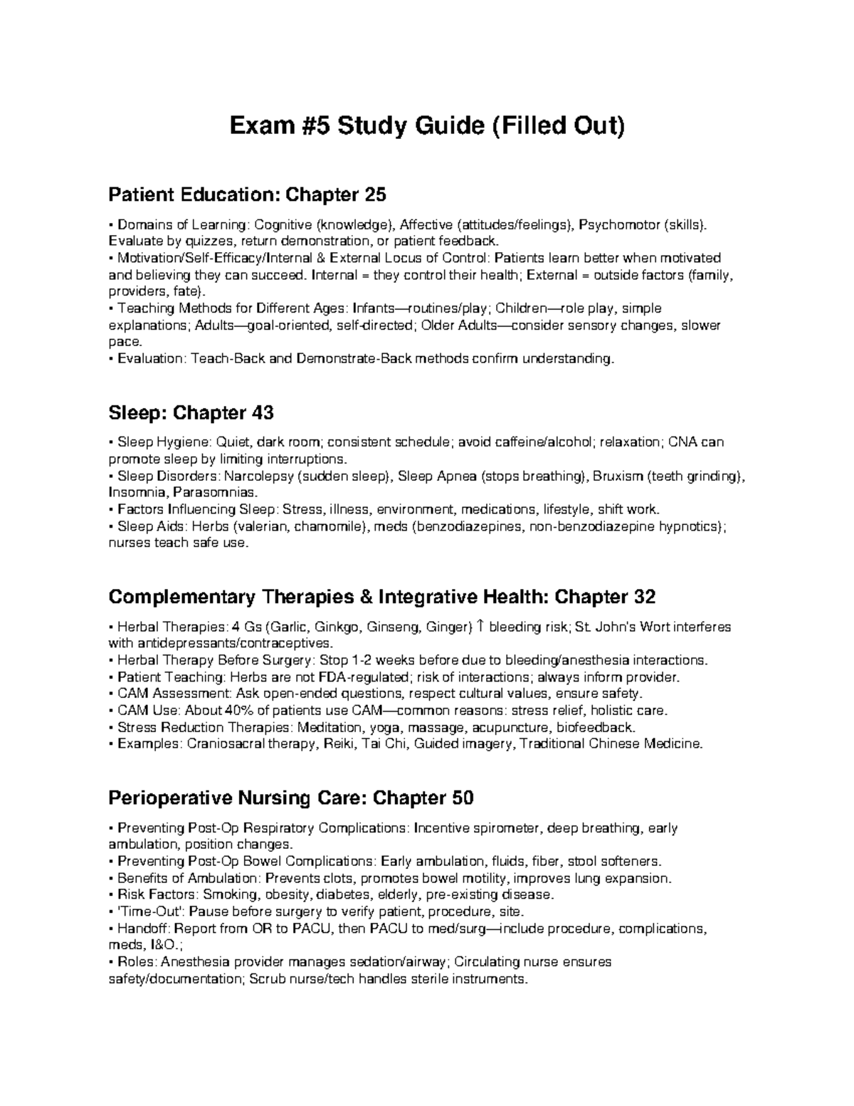 Exam 5 Study Guide: Patient Education & Sleep Hygiene Insights - Studocu