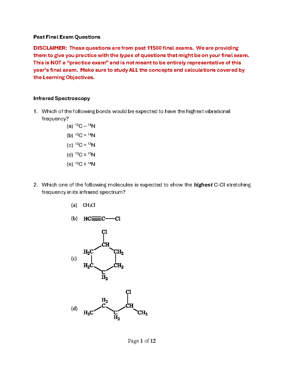 Past Final Exam Questions for 11500 - Infrared Spectroscopy - Studocu