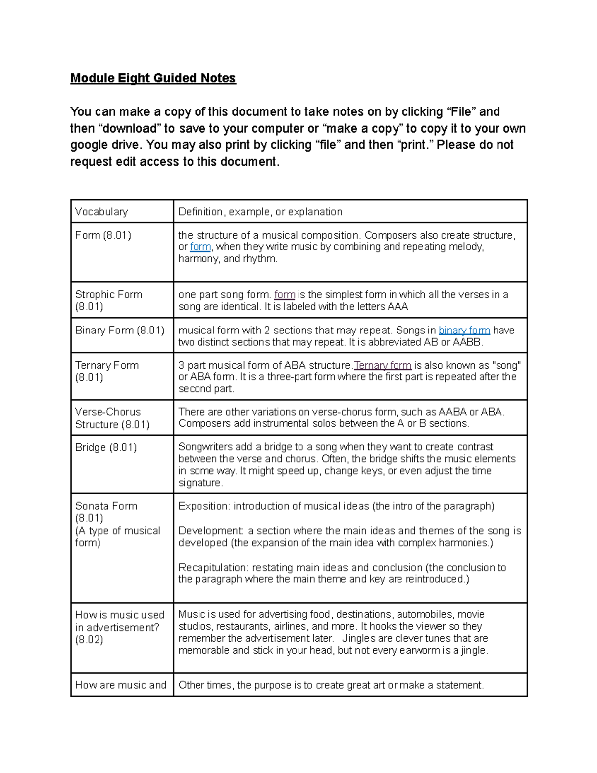 Module 8 Guided Notes: Understanding Musical Forms and Structures - Studocu