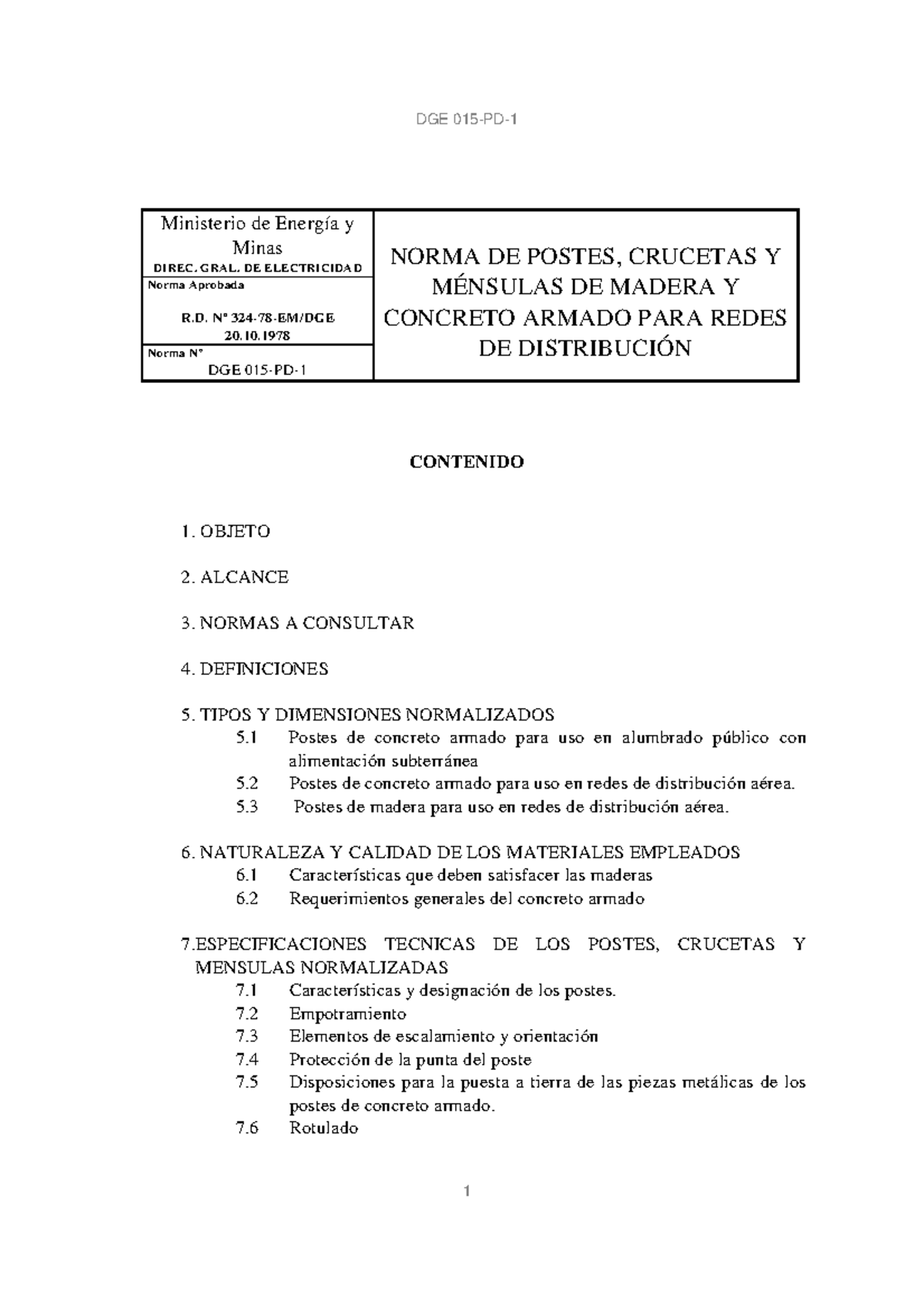 Norma DGE 015-PD-1 sobre Postes de Madera y Concreto Armado - Document Preview