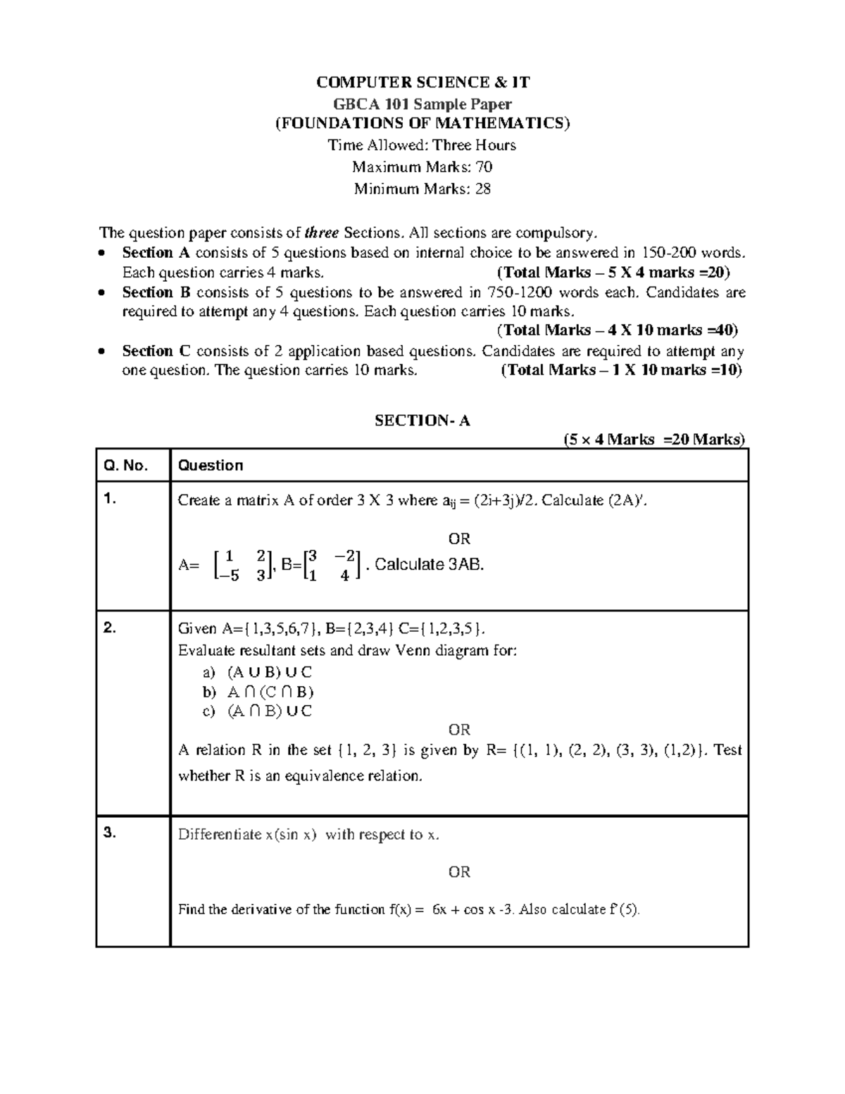 GBCA 101 Final Exam Sample Paper - Foundations of Mathematics - Studocu