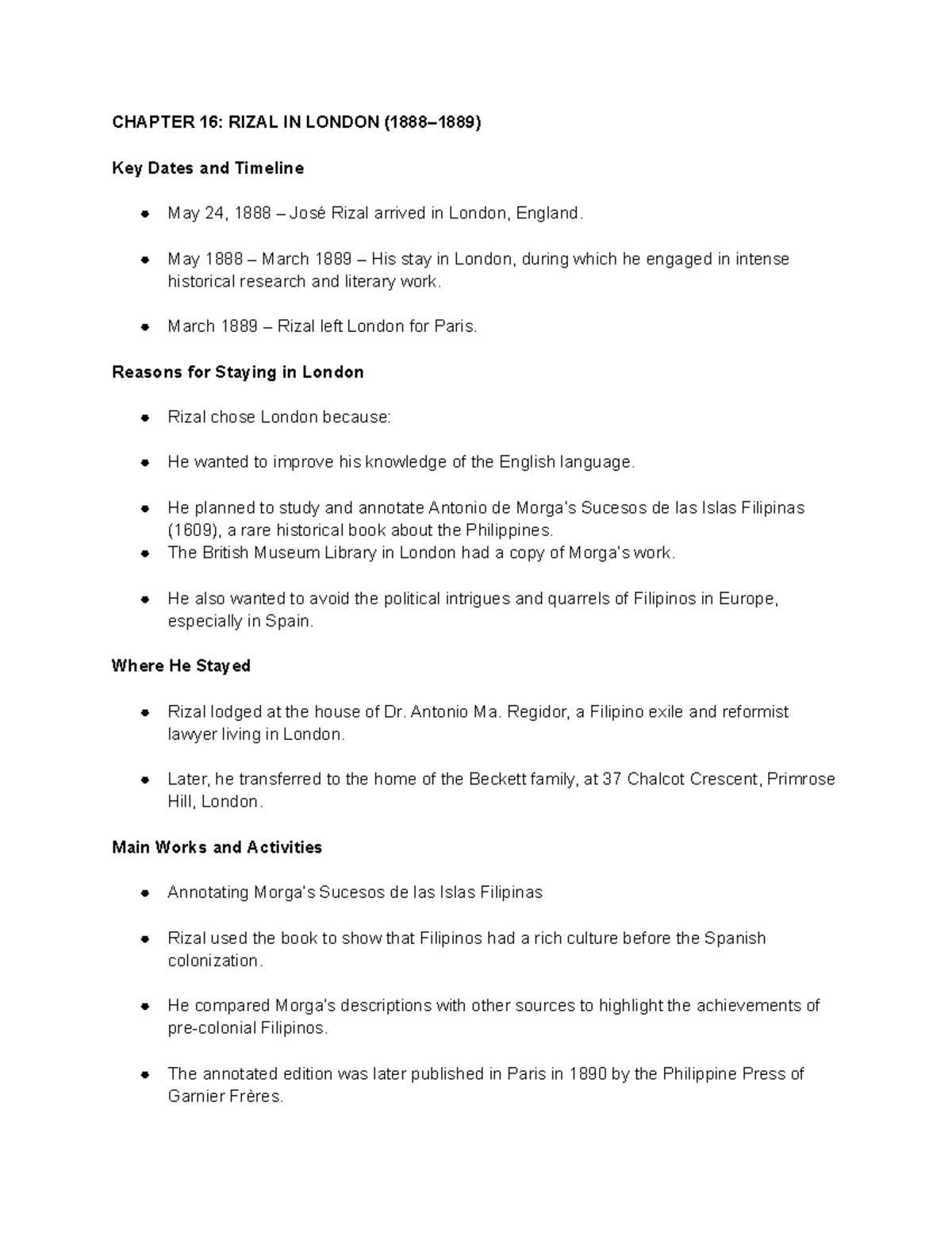 CHAPTER 16: RIZAL IN LONDON (1888-1889) Key Dates & Activities - Studocu