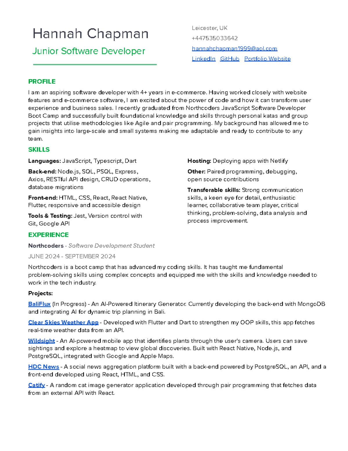 Junior Software Developer Profile - Skills & Experience Overview - Studocu