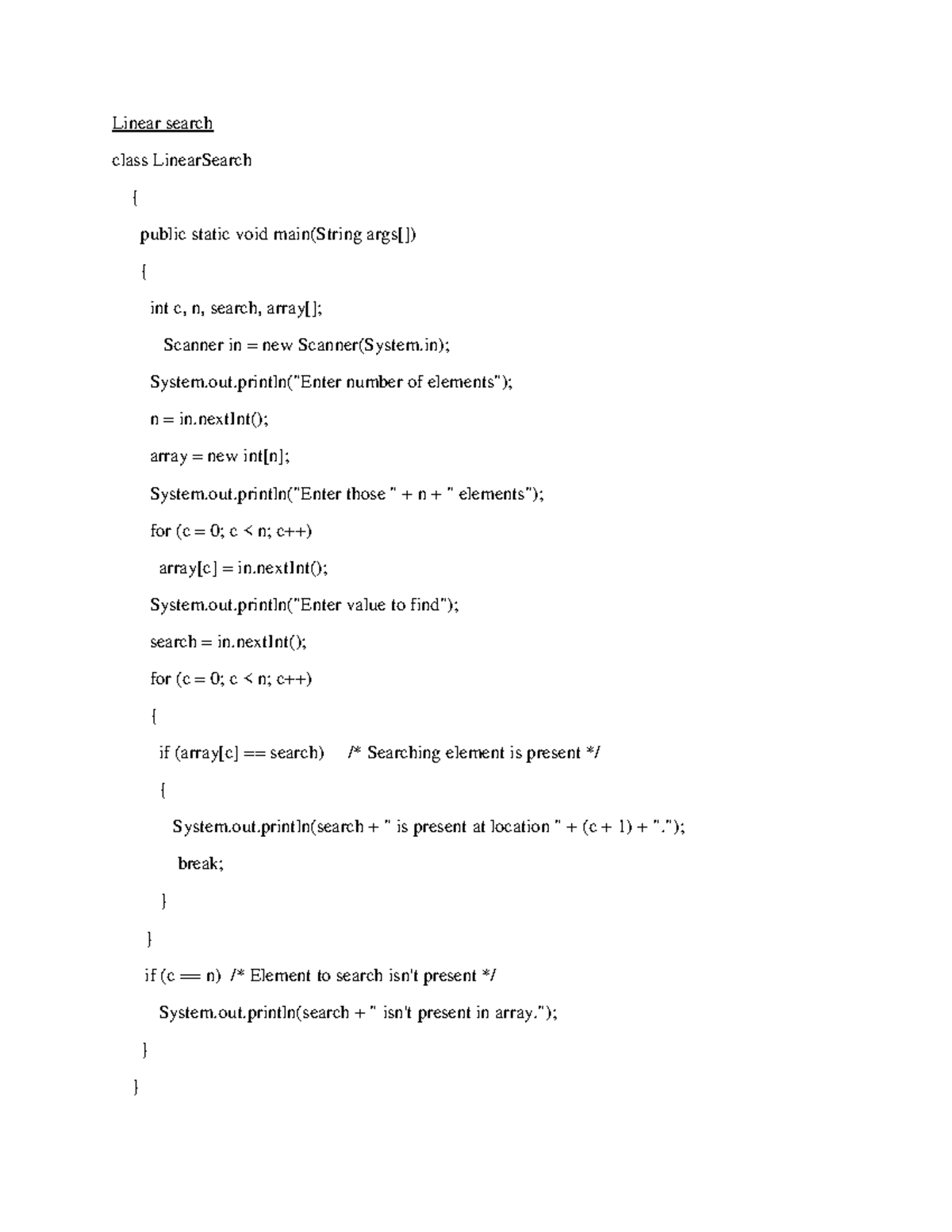 Program - Linear search class LinearSearch { public static void main ...