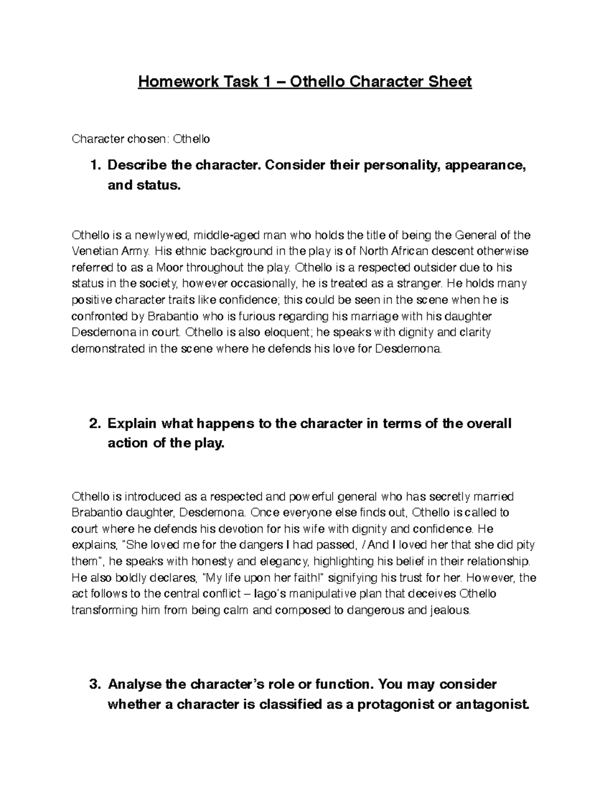 ENG 101: Othello Character Analysis - Othello's Tragic Journey - Studocu
