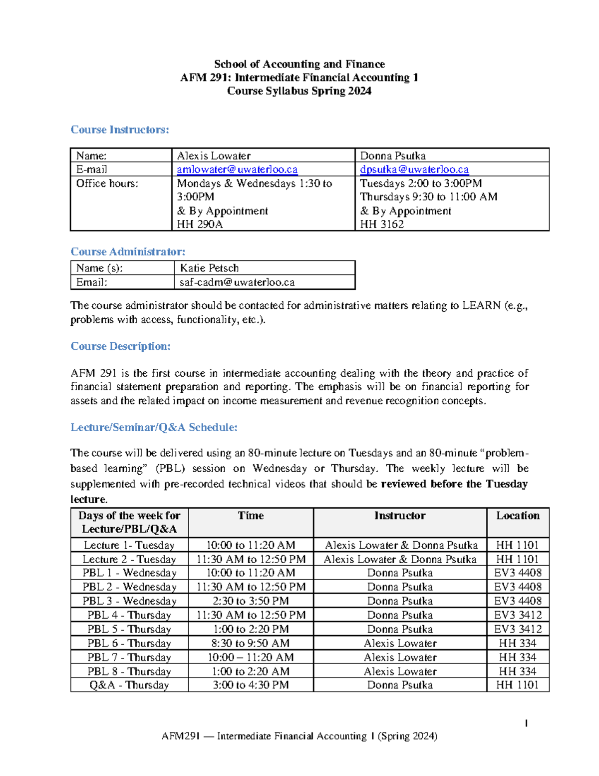 AFM 291 Course Outline Spring 2024 Final - 1 School of Accounting and ...