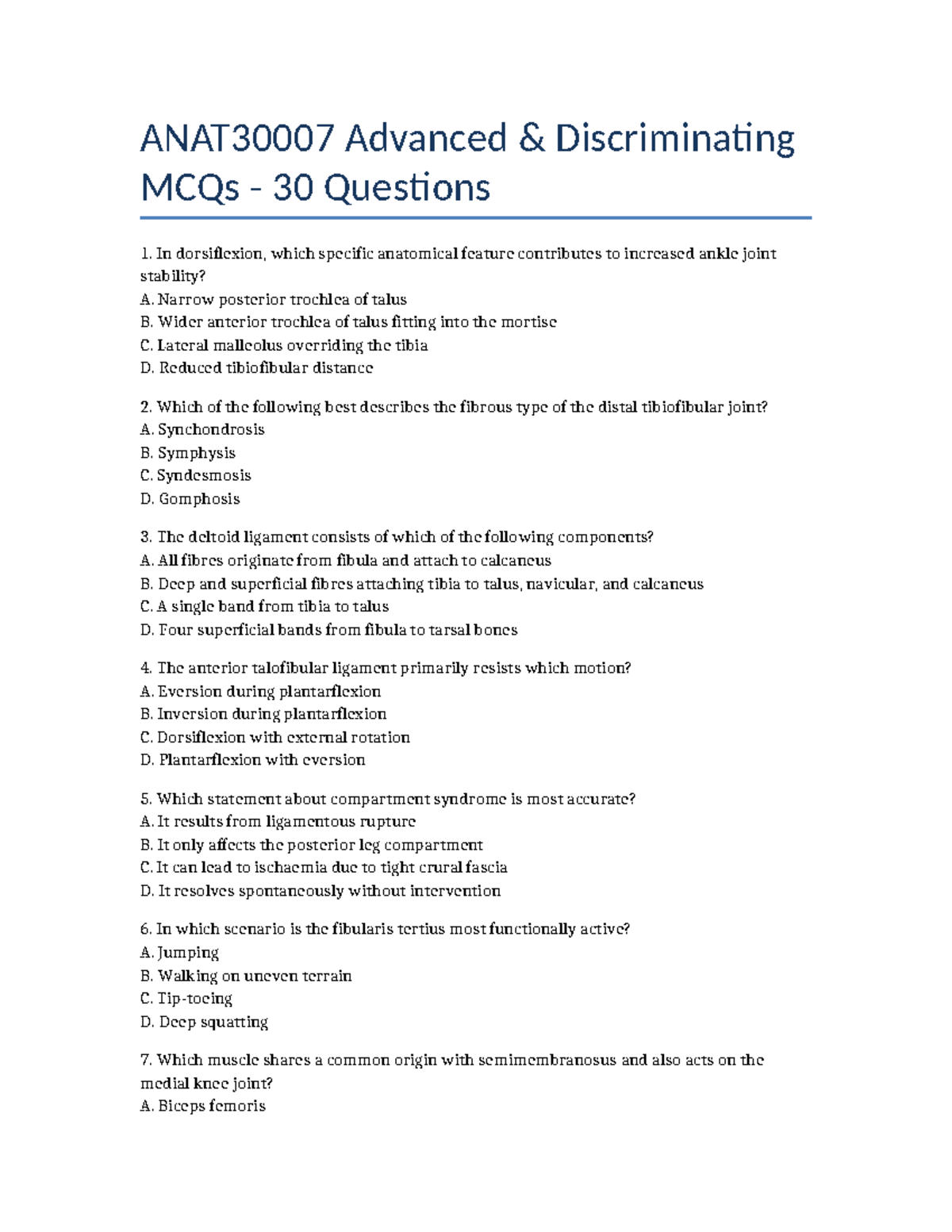 ANAT30007 Lower Body MCQ Set 4: Advanced Questions on Ankle & Leg ...