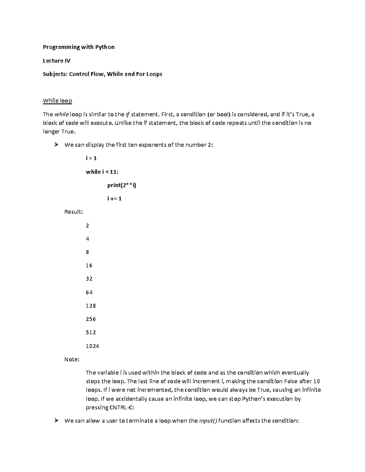 Programming with Python: Lecture IV - Control Flow - Studocu