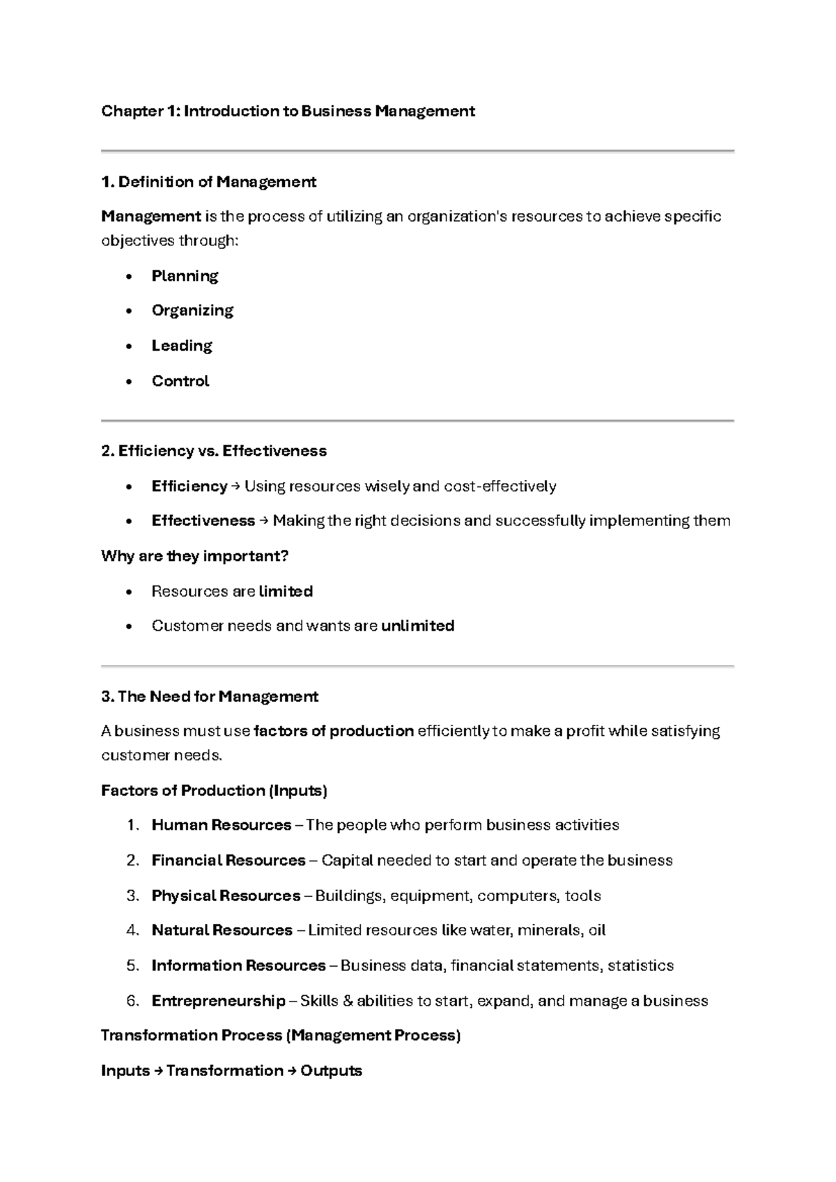 EBUS1514 Chapter 1: Intro to Business Management Notes - Studocu