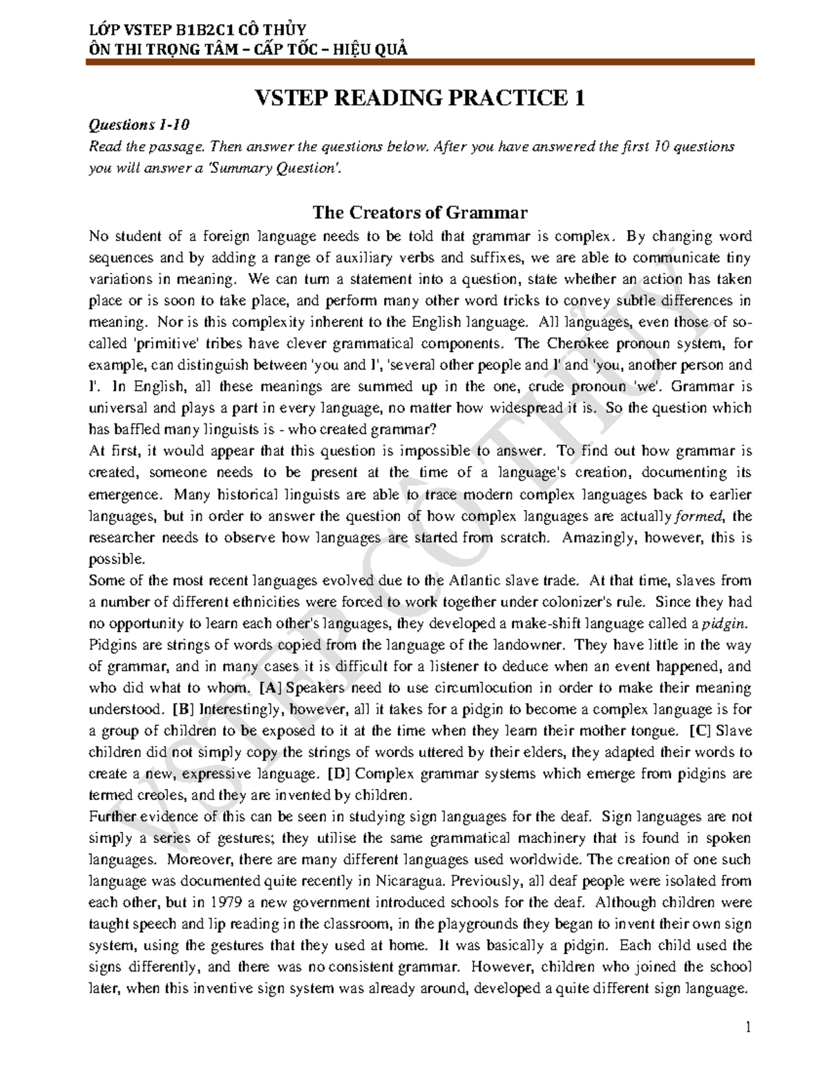 VSTEP Reading Practice 1 (011220): Understanding Grammar Evolution ...