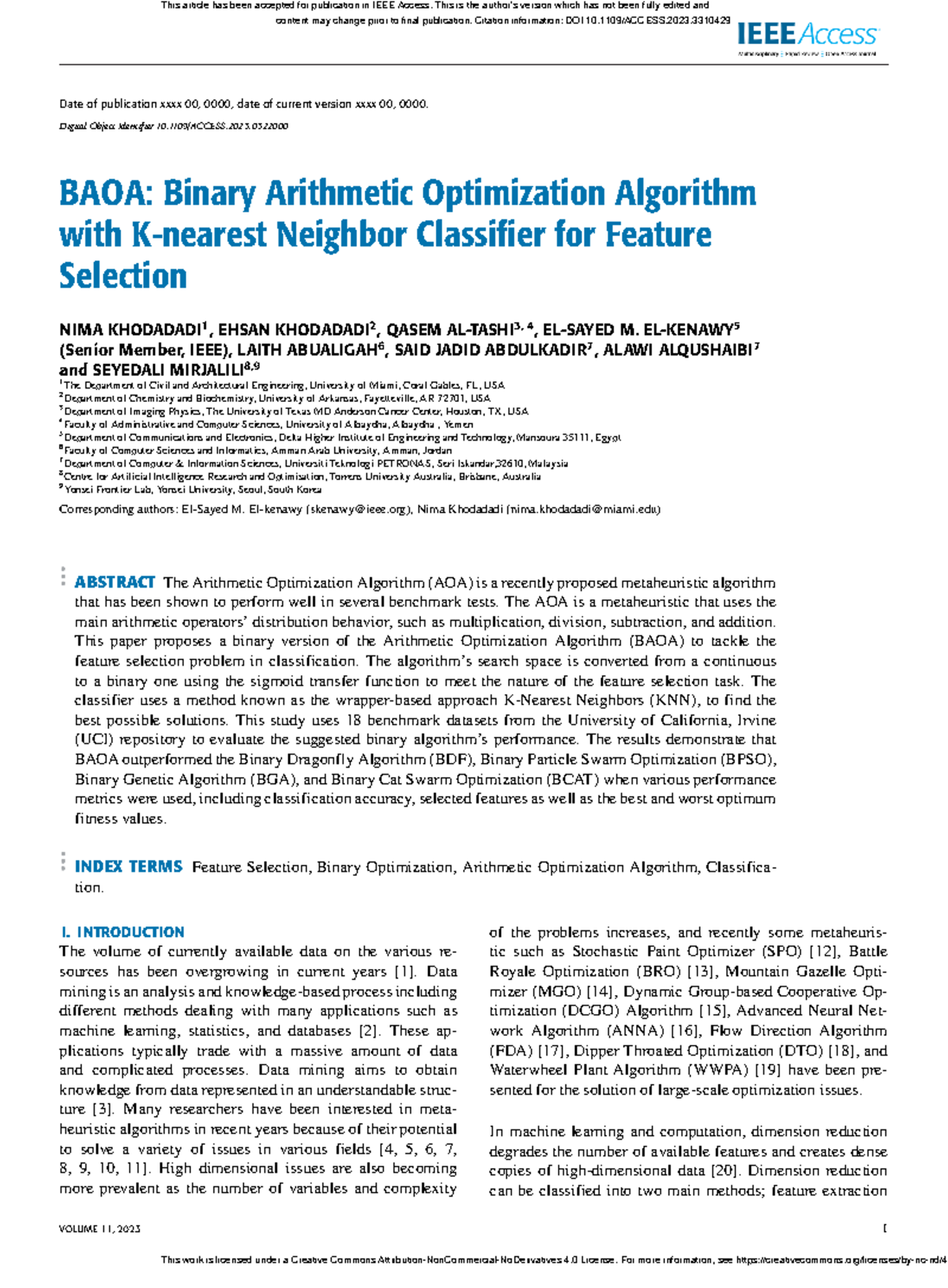 BAOA: Binary Arithmetic Optimization Algorithm for Feature Selection ...