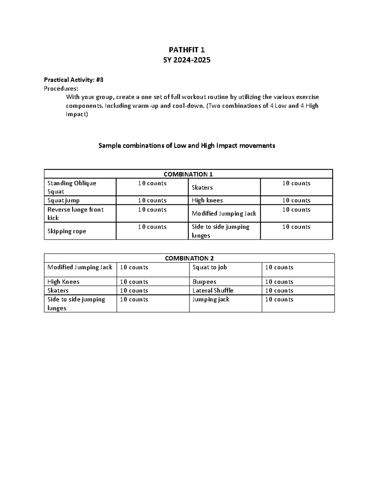 Pathfit 1 Performance Task 3 Pathfit 1 Sy 202 4 2025 Practical