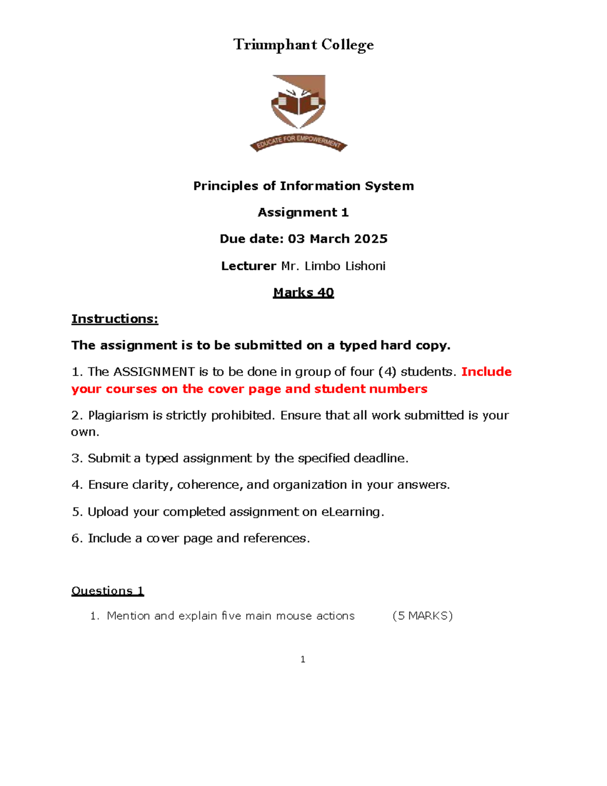 Triumphant College IS 101 Assignment 1 Guidelines & Instructions - Studocu