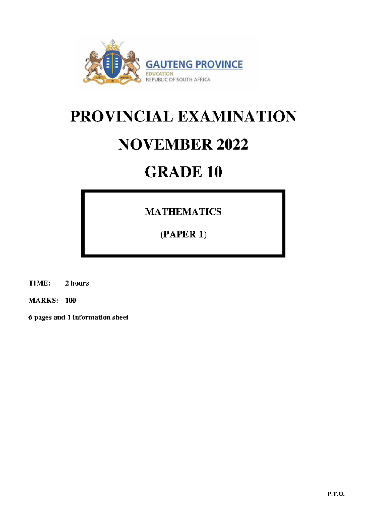 Grade 10 Mathematics P1 November 2022 Exam Question Paper - Studocu